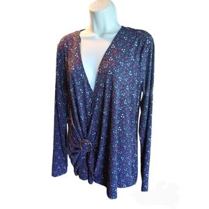 Michael Kors Women's Large Crossover Blouse Blue Heart Patterned Long Sleeves